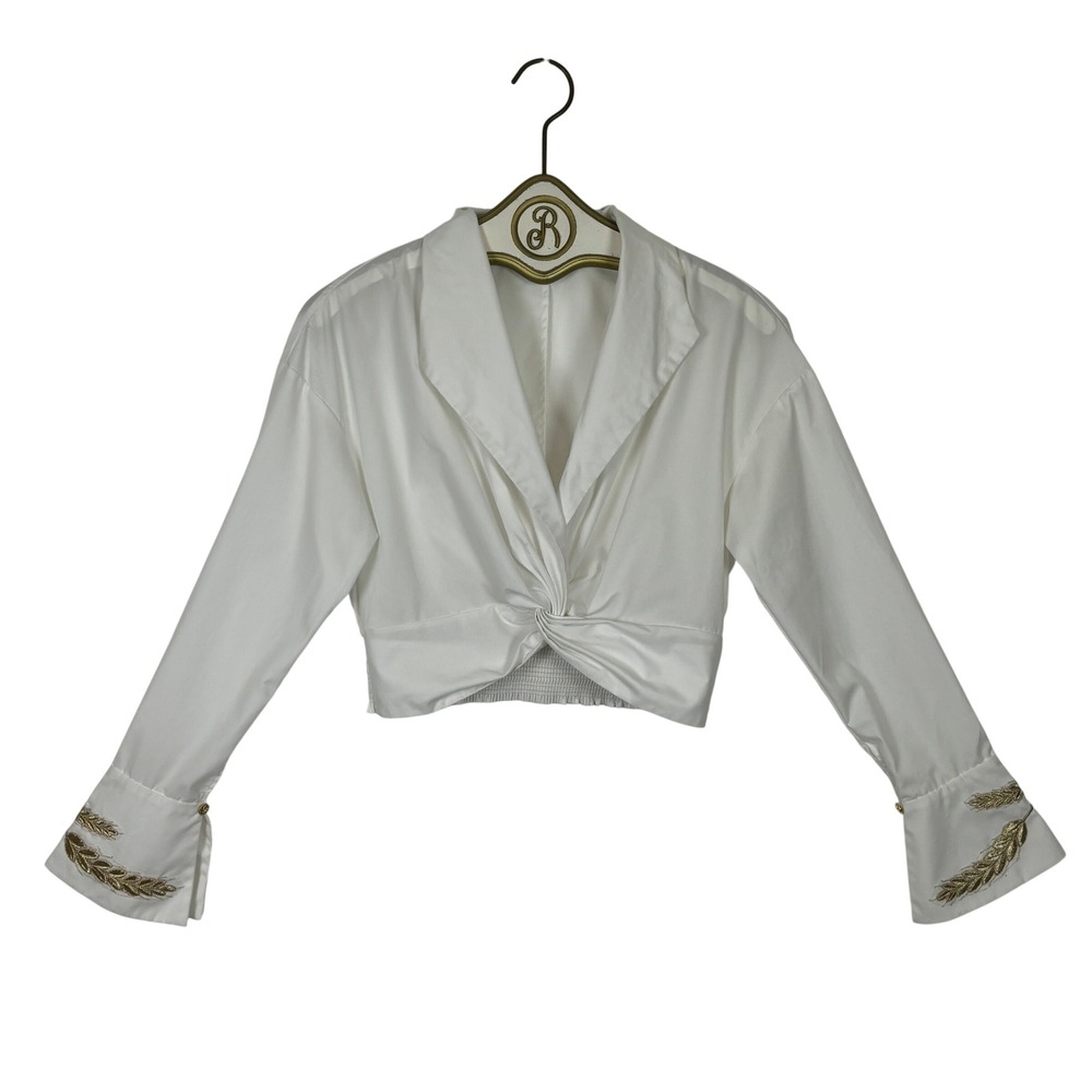 White Twist Front Crop Blouse SMALL Gold Detail Chic Coastal Old Money Resort
